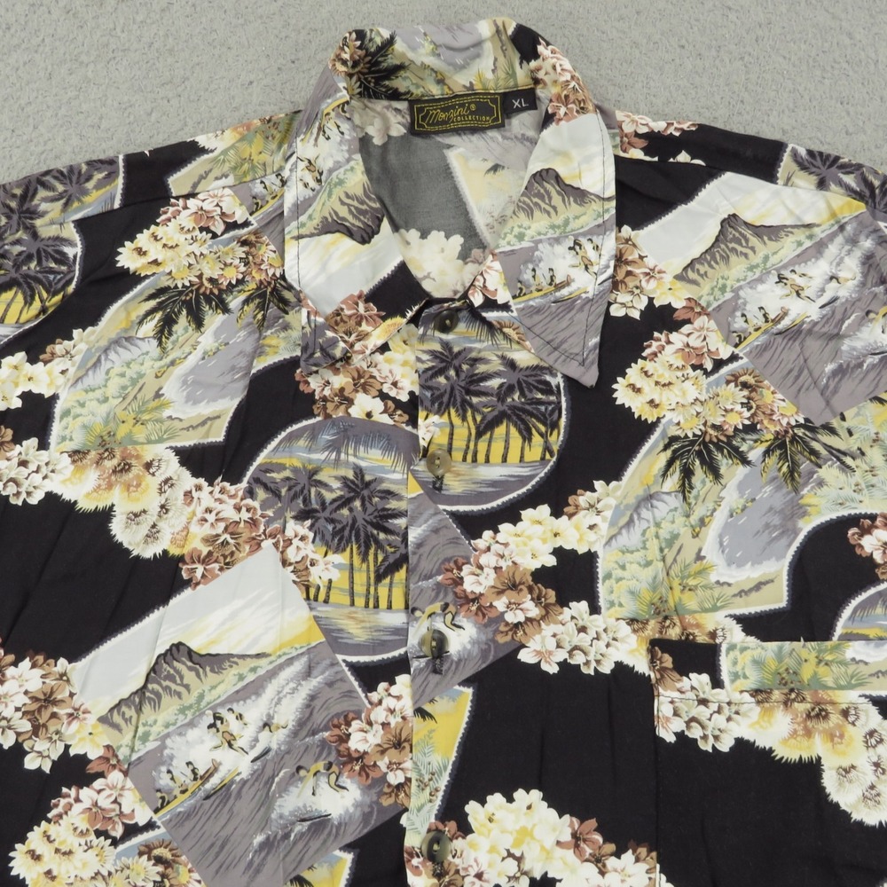 Vintage Monzini Mens XL 100% Silk Hawaiian Graphic Floral Lei Hula Surfer Shirt
